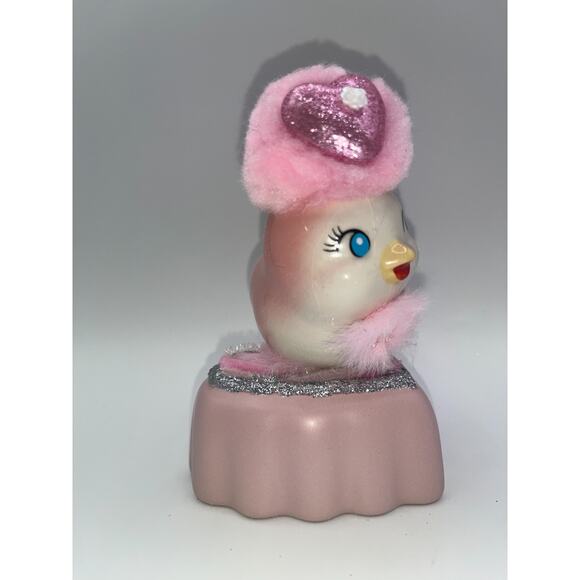 Vintage Pink Ceramic Bird Valentine Day Pink Heart Poofy Hat Fur Princess OOAK - Picture 7 of 16